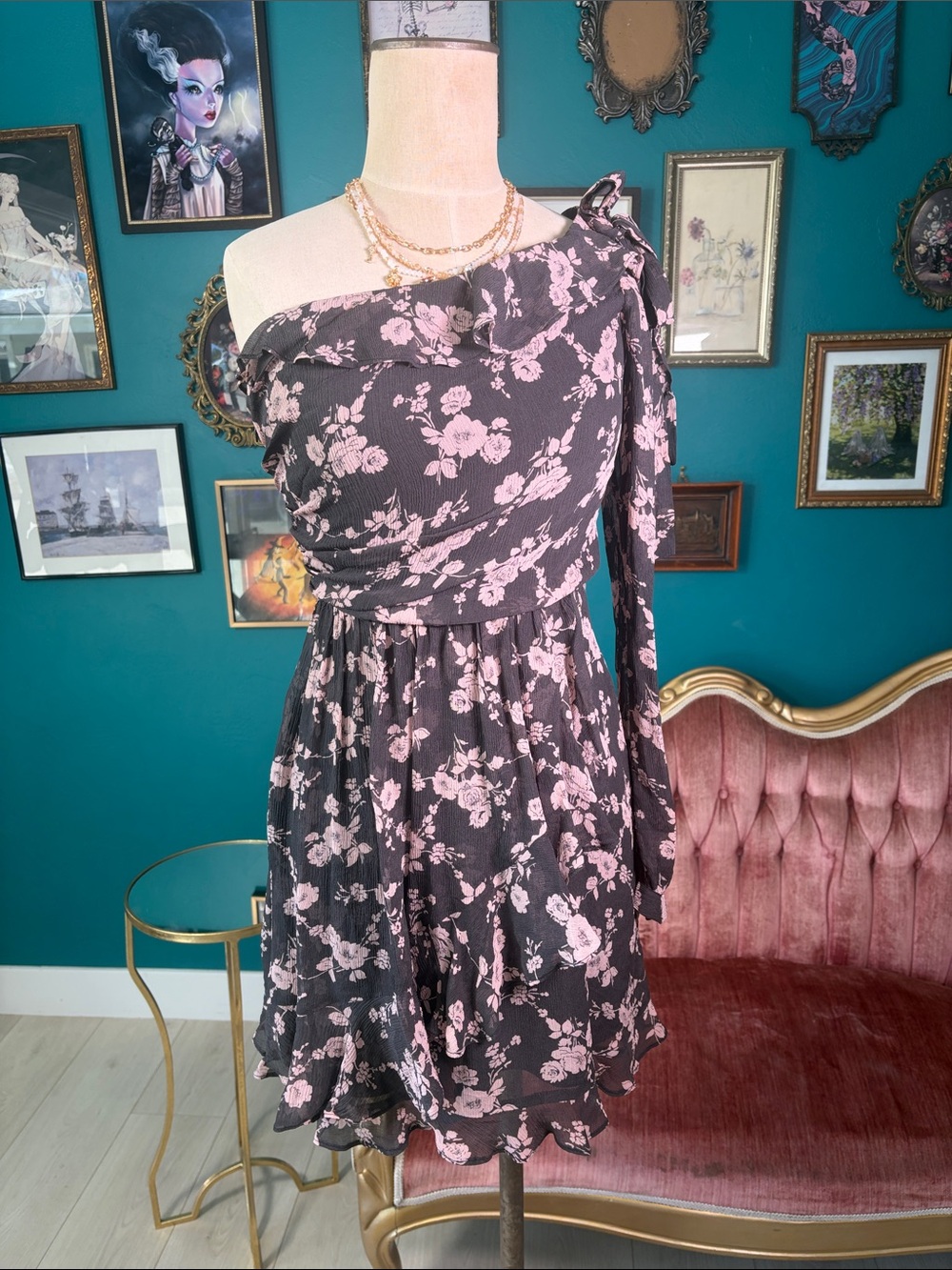 For Love & Lemons Silk Floral One Shoulder Ruffle Mini Dress Size S
